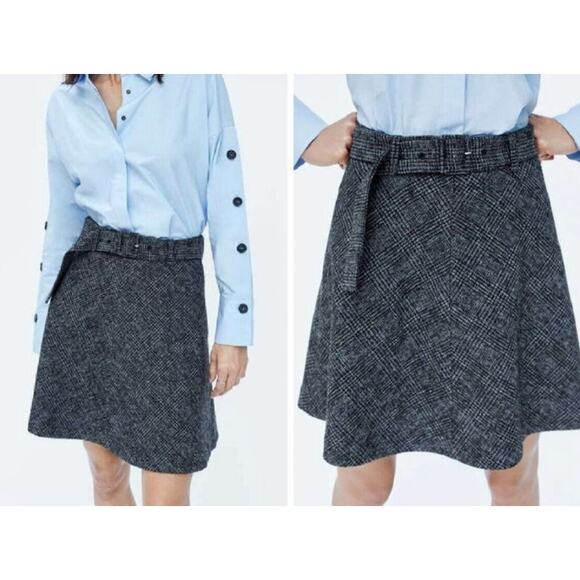 Zara Gray Tweed Skirt Size XS Belted Mini A-Line - Picture 3 of 7